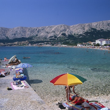 People on the beach in the sunlight, Baska, Krk, Croatia, Europe
