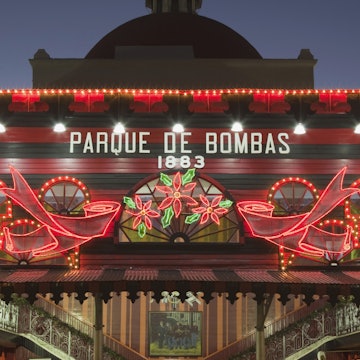 Firehouse museum at dusk Parque de Bombas, Plaza Las Delicias, Ponce, Puerto Rico