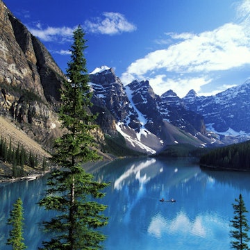 Canoe on Moraine Lake in Canadian Rockies.