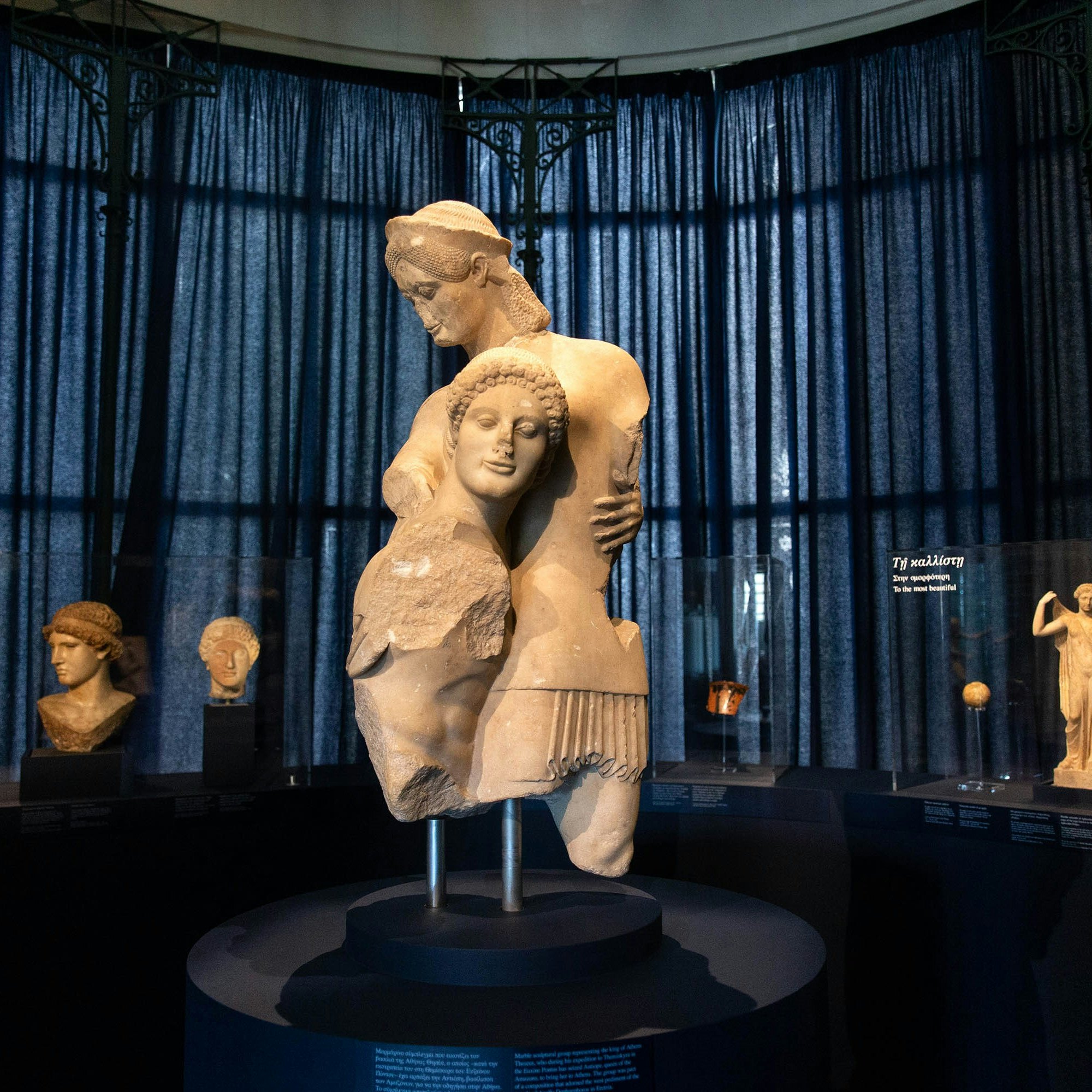 Sculptures are seen during a preview of the exhibition "Kallos, The Ultimate Beauty" at the Museum of Cycladic Art in Athens, Greece, on Sept. 27, 2021. A new exhibition by the Museum of Cycladic Art in Athens invites visitors to reflect on their personal notion of ultimate beauty by taking them on a time-travel in ancient Greece. Through 300 antiquities gathered from 52 museums, Ephorates of Antiquities and collections in Greece, Italy and the Vatican, the exhibition entitled "Kallos, The Ultimate Beauty," presents what this concept meant in everyday life and the philosophical discourse in ancient Greece, the organizers told a press conference on Monday. (Photo by Marios Lolos/Xinhua via Getty Images)
1235547905
ie