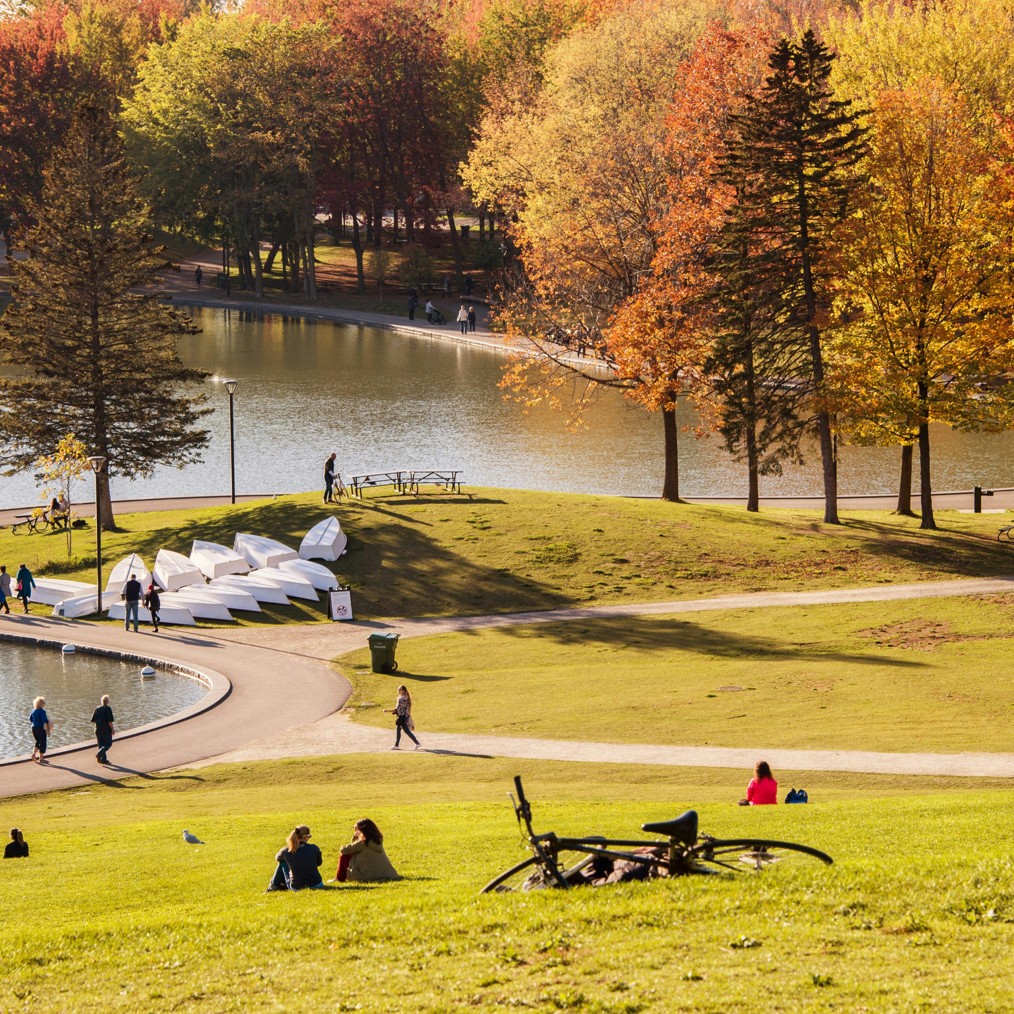 October 18, 2017: Visitors seated on the grass around a lake in Mont Royal Park during autumn.